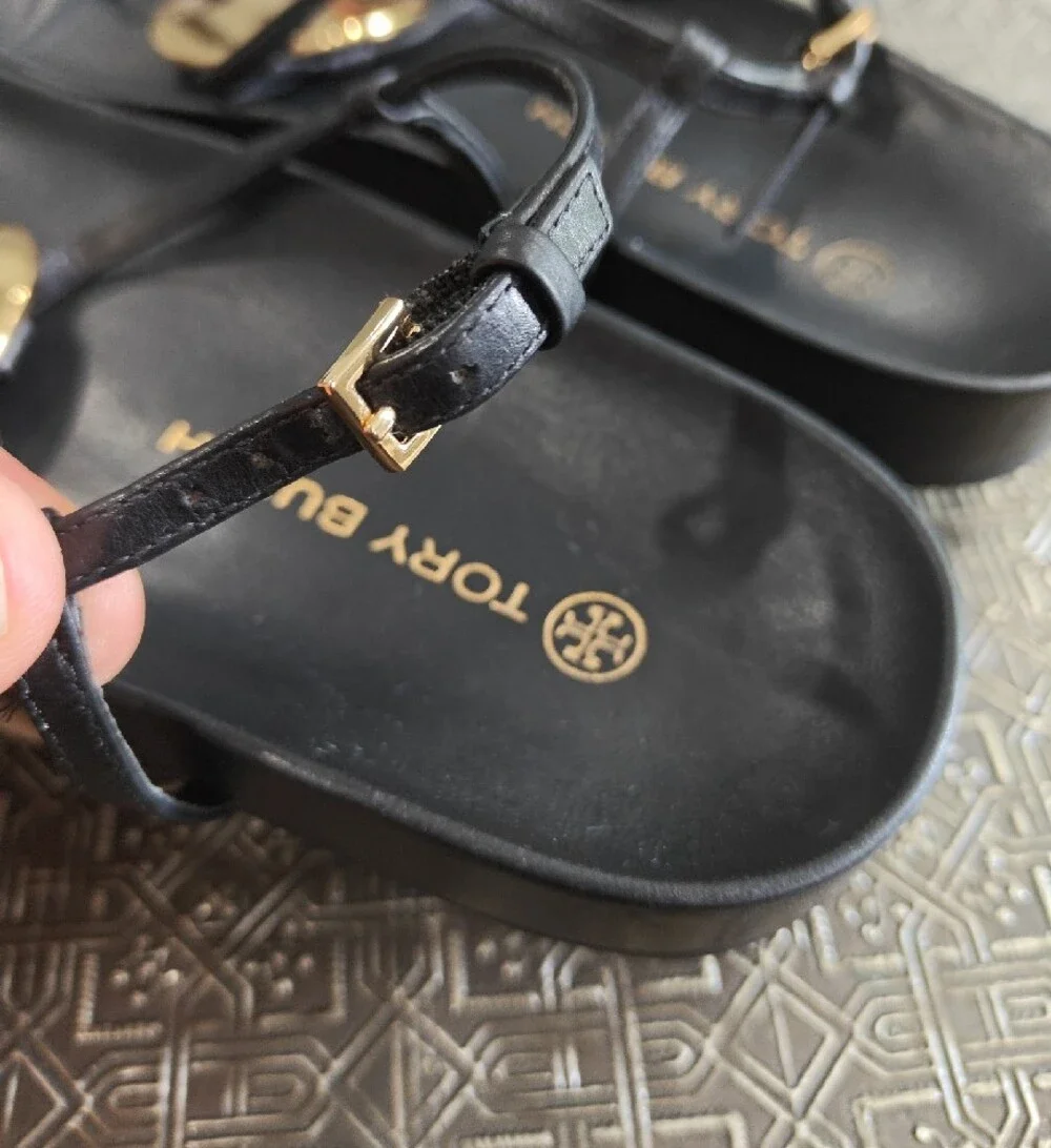 🐢 Tory Burch Patos Disk Black and Gold Leather Sandals. Size 9.5